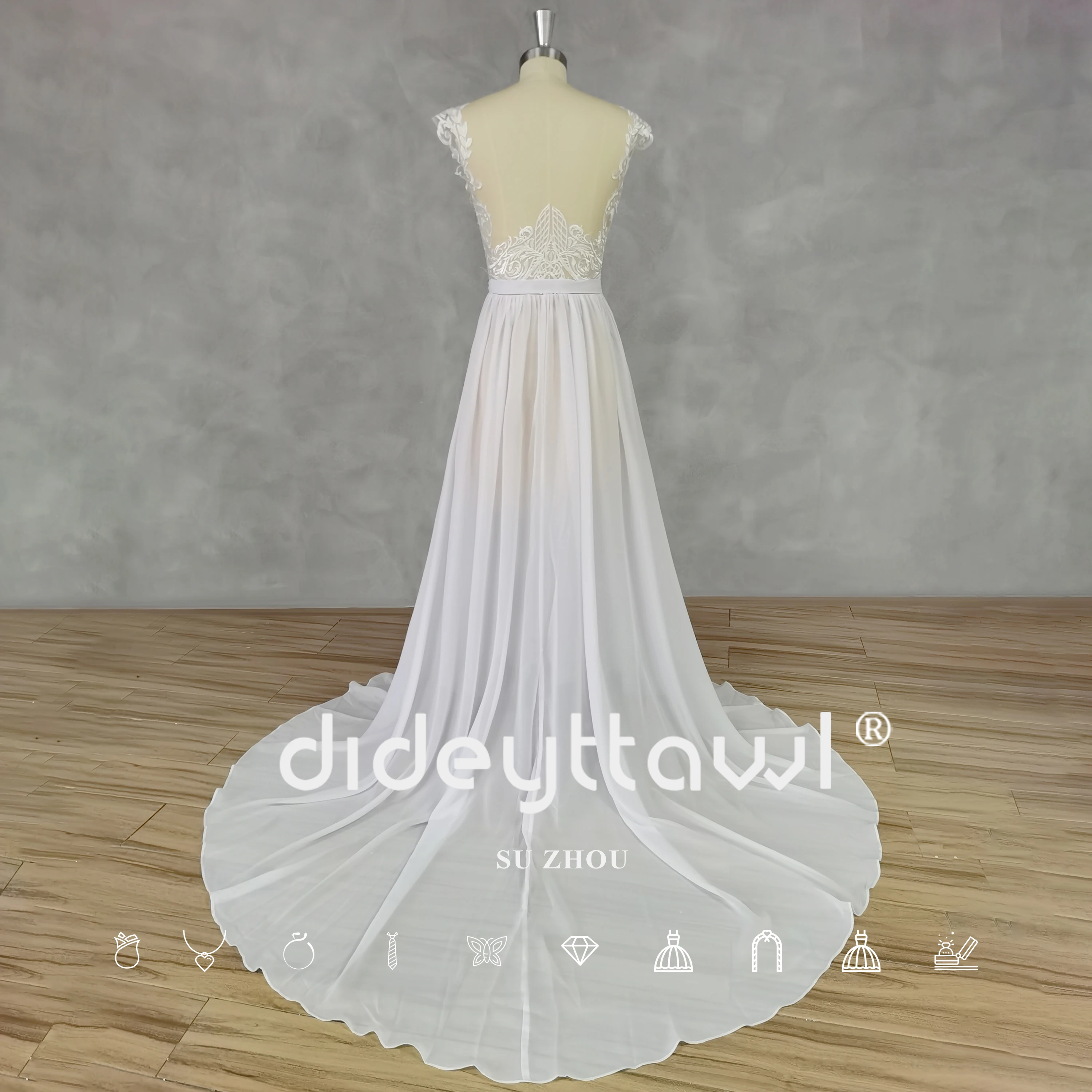 DIDEYTTAWL Real Picture Boho Deep V-Neck Long Cap Sleeves Lace Wedding Dress Illusion Back Chiffon High Side Slit Bridal Gown