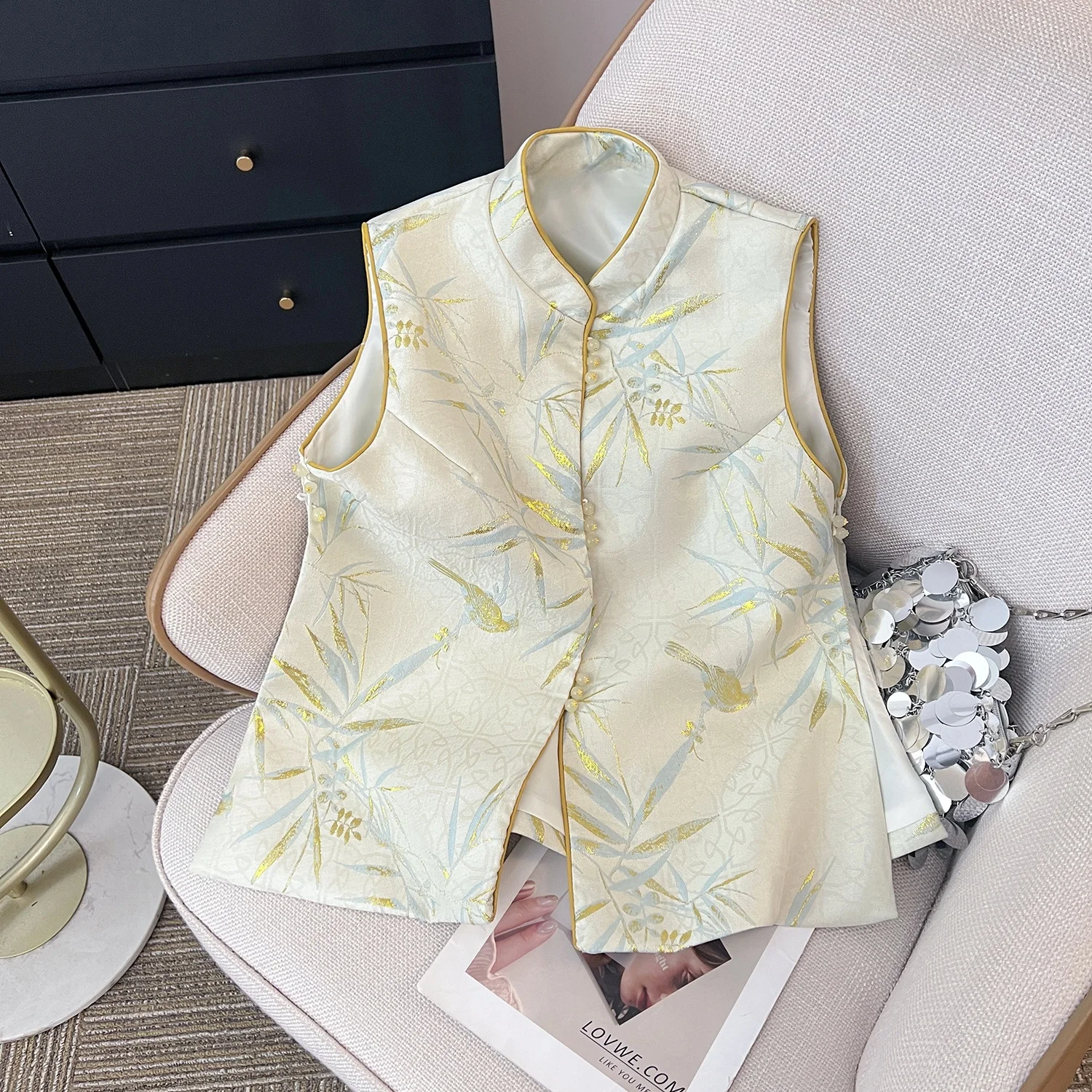 

New Chinese Sle Vest Outerwear Women Summer High-End Sensation National Sle Stand Collar Embroidered Pearl Butt...