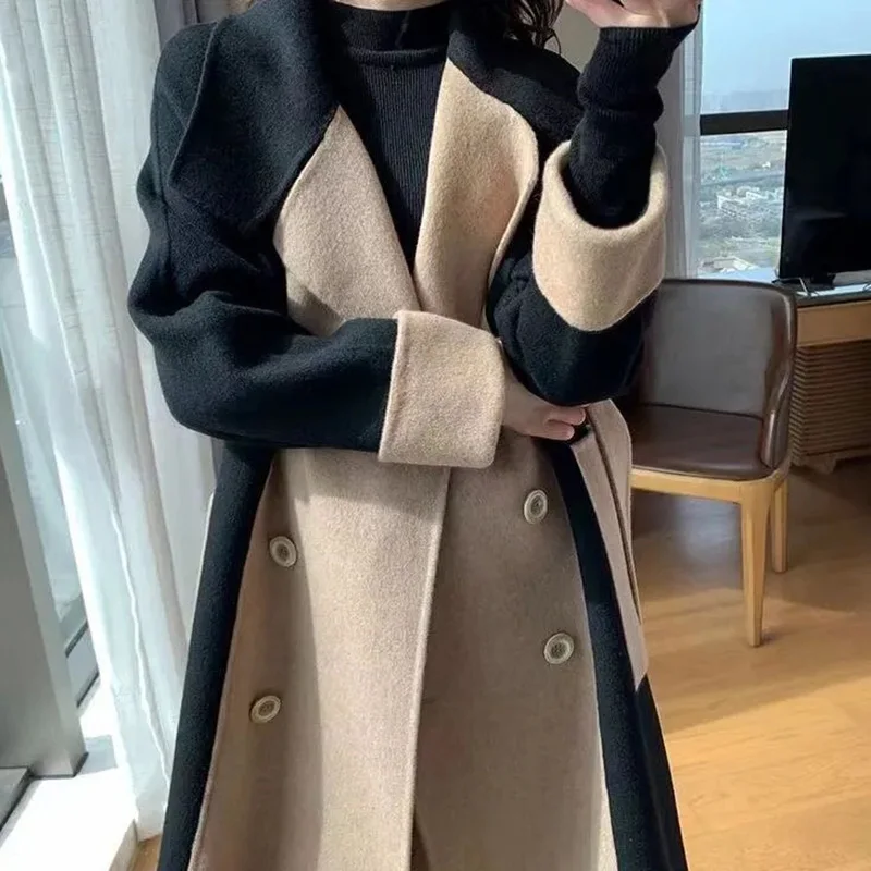 Oversize 7XL Luxury Wool Blend Coat Design Patchwork Long Winter Overcoat Women High Street Belt Abrigo Loose Thick Warm Jacket