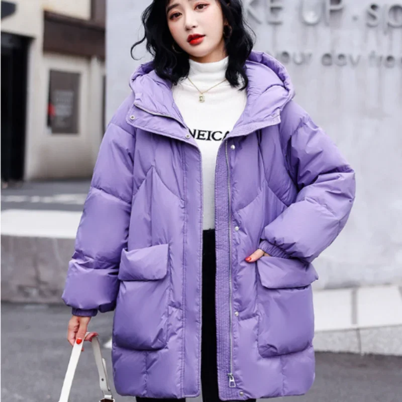 ฤดูหนาวใหม่แจ็คเก็ตผู้หญิง 90% เป็ดสีขาวลงHooded Down Jacketความยาวกลางแฟชั่นเสื้อลําลองหลวมขนาดใหญ่ลงแจ็คเก็ต