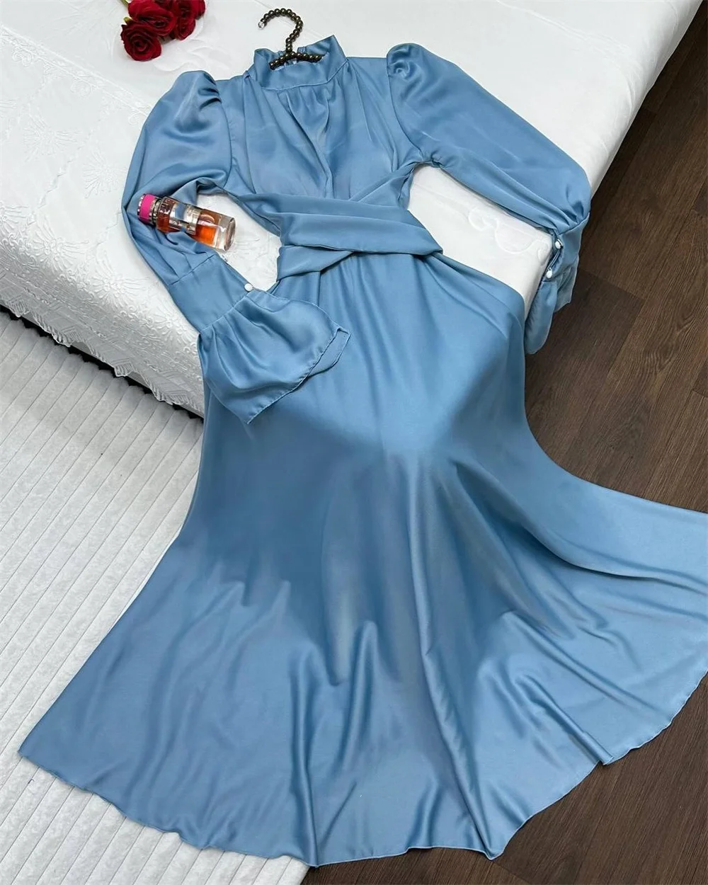 Robe de soirée à volants en satin pour femmes, robes longues, ligne A, col haut, occasion sur mesure, Rh