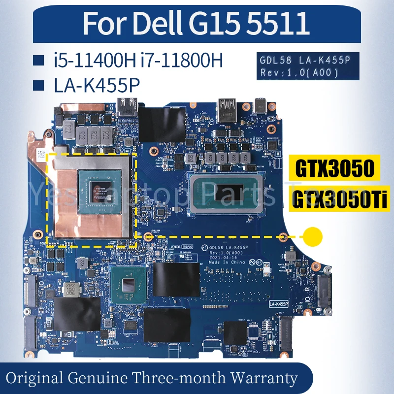 

LA-K455P For Dell G15 5511 Laptop Mainboard 0JF5JC 029XHH 0K570X 0X3NY8 06VF02 i5-11400H i7-11800H Notebook Motherboard