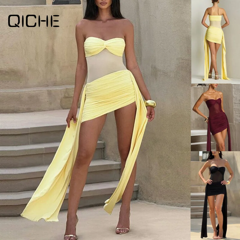QICHE 2026 Summer New Women Mesh Splicing Strapless Midi Dress, Solid Color Ribbon Elegant Tube Top Dress for Party