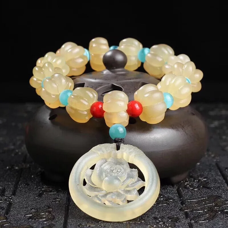 Natural pumpkin bracelet paired with a horn flower prosperity pendant amazonite round bead for good fortune and au