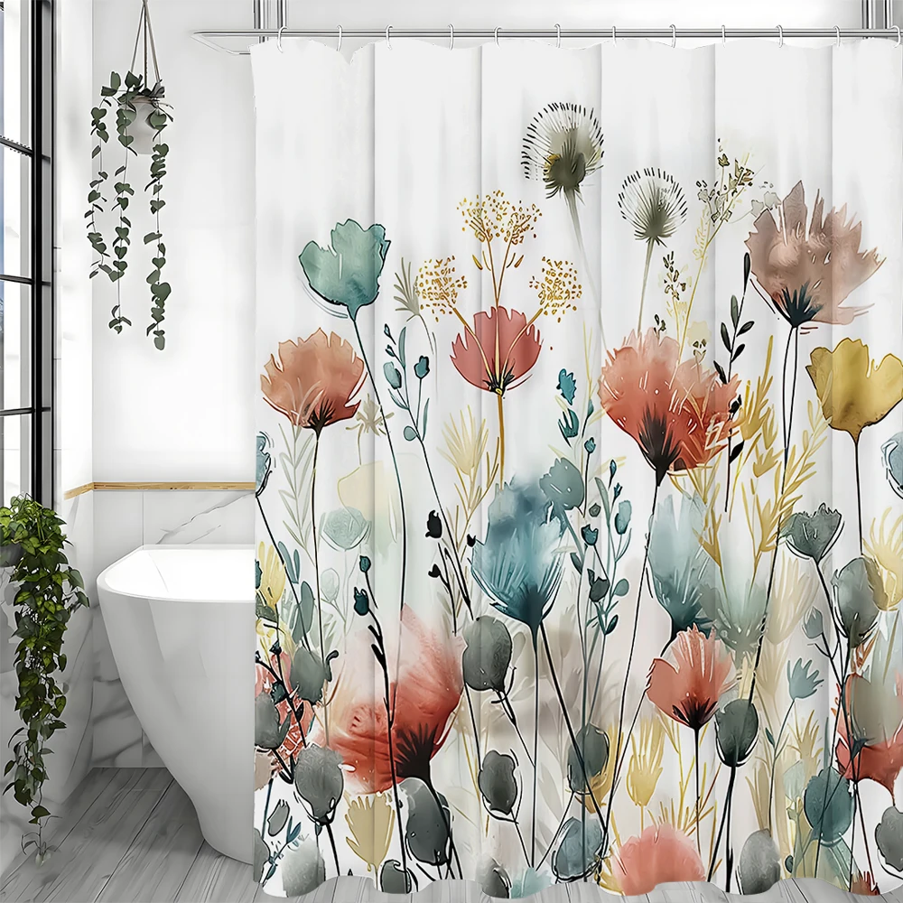 

Занавеска для душа с акварельными цветами, декоративная занавеска для душа в ванной комнате, водонепроницаемая занавеска для душа с крючками