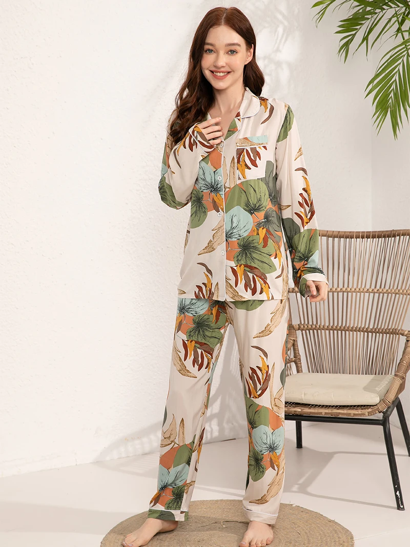 Women Pajamas Set for Spring and Autumn Long -Sleeved Plus Size S-3XL 100% Viscose  Loose Nightwear Suit Pajamas Sleepwear