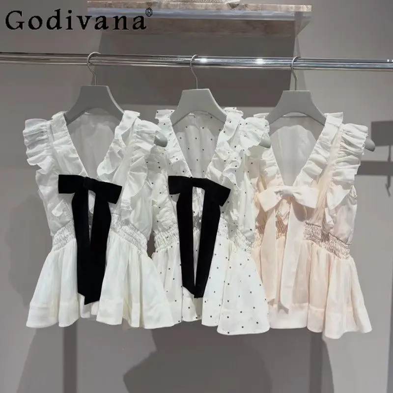 

2026 Summer Sweet Casual Flying Sleeves Women's Shirt Japanese Polka Dot Cute Top Lady Elegant Fashion Casual Commuter Blouses