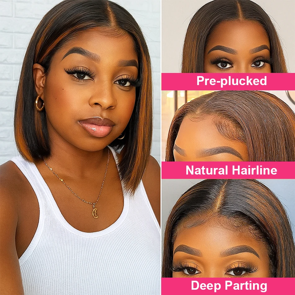 #4/350 Highlight Ginger Brown Short Bob Wig Human Hair Straight 13x4 HD Transparent Lace Frontal Wig Colored 5x5 Glueless Wig - Image 3