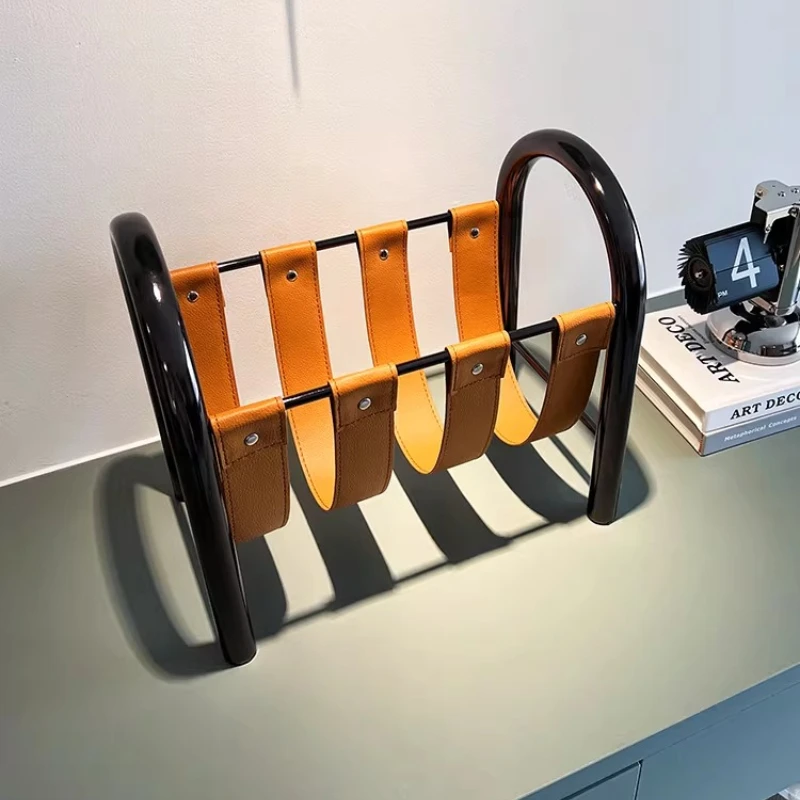 

Modern Metal Leather Magazine Rack Luxury Bookshelf Home Decoration Ornaments Magazine Rack Model Division Housewarming Gifts
