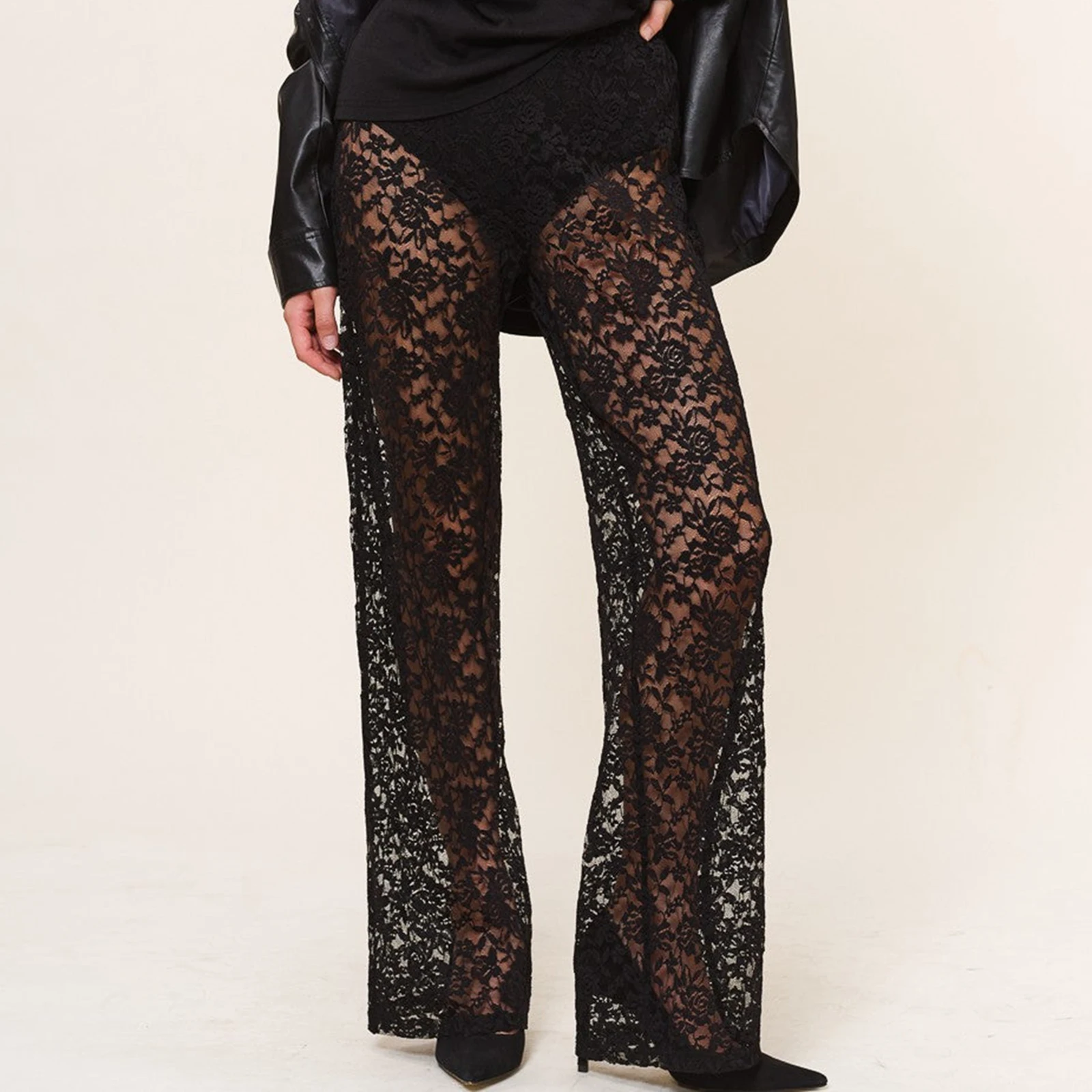 Women Sexy Lace Sheer Mesh Pants See Through High Waist Stretchy Wide Leg Trousers Y2k Ladies Fairy Grunge Streetwear