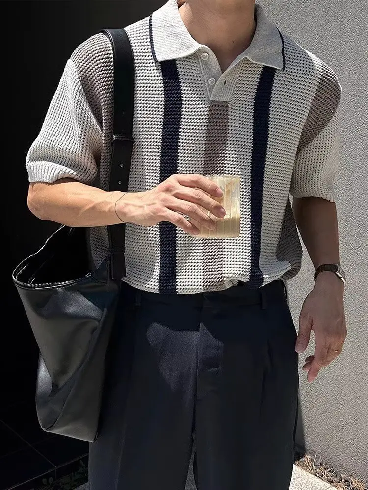 

2025 Summer casual striped short-sleeved T-shirt, shirt, hollowed-out knitted polo shirt,breathable and loose men's Korean style
