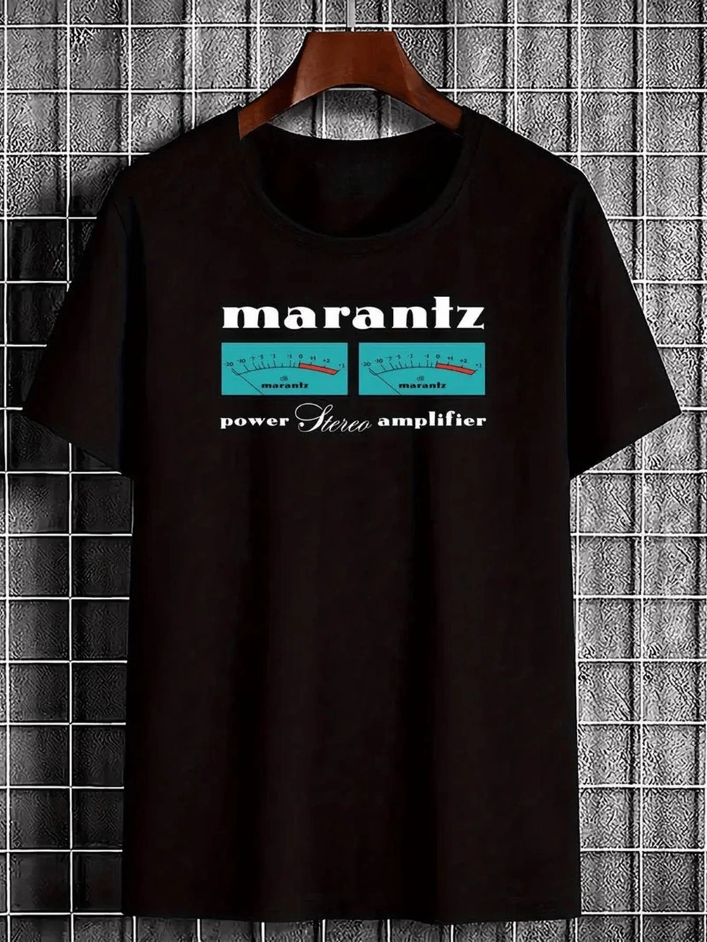 Men's Music Production T-Shirt with MARANTZ Audio Metering Panel and Stereo Amplifier Design - Relaxed Fit Crew Neck T-Shirt