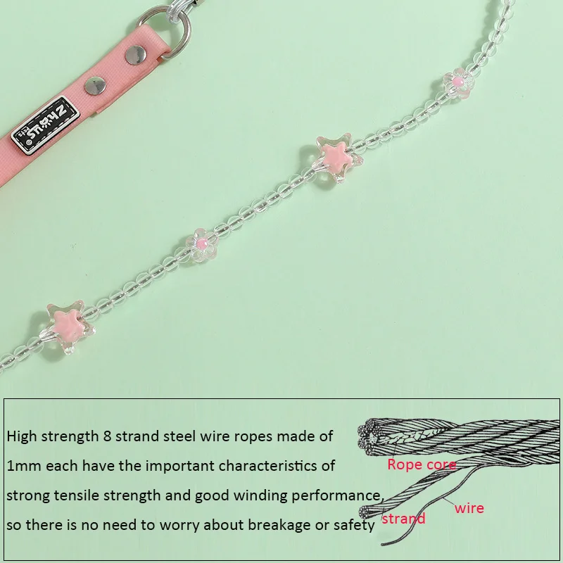 Pet Beads Collar With PU Leather Pink Dog Leash Built in Wire Rope Durable Dog Collar Leash Set for Cats Small Dogs Pet Accessor