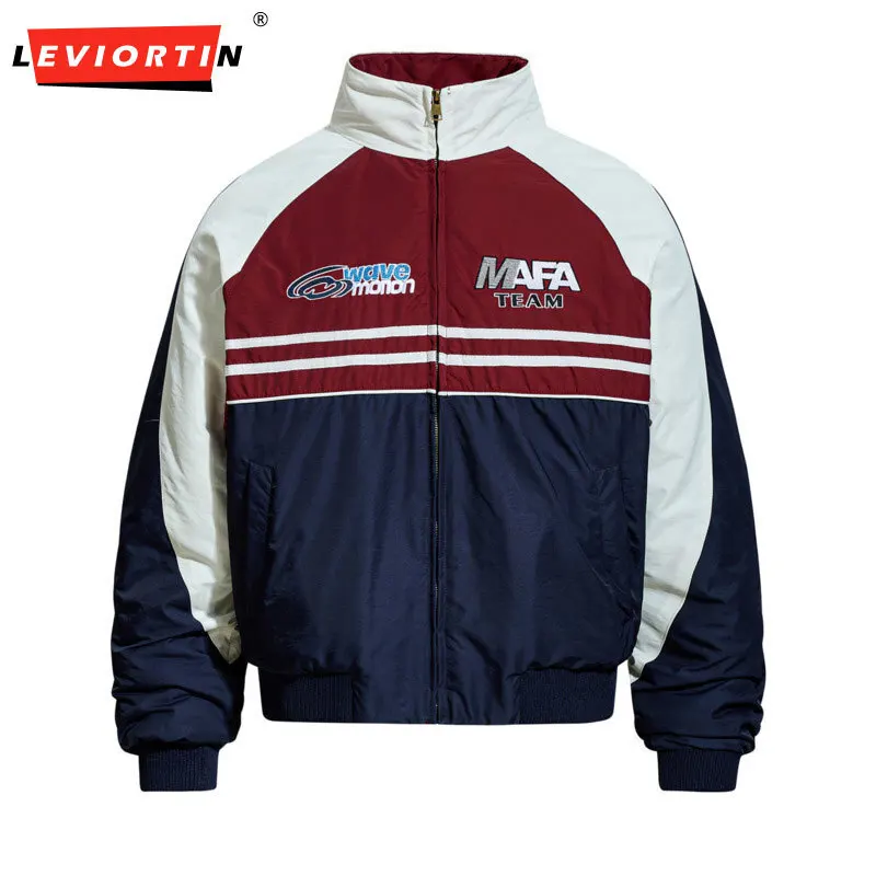 Winter fashion brand American contrasting color splicing letter embroidery couple's warm and loose versatile cotton jacket