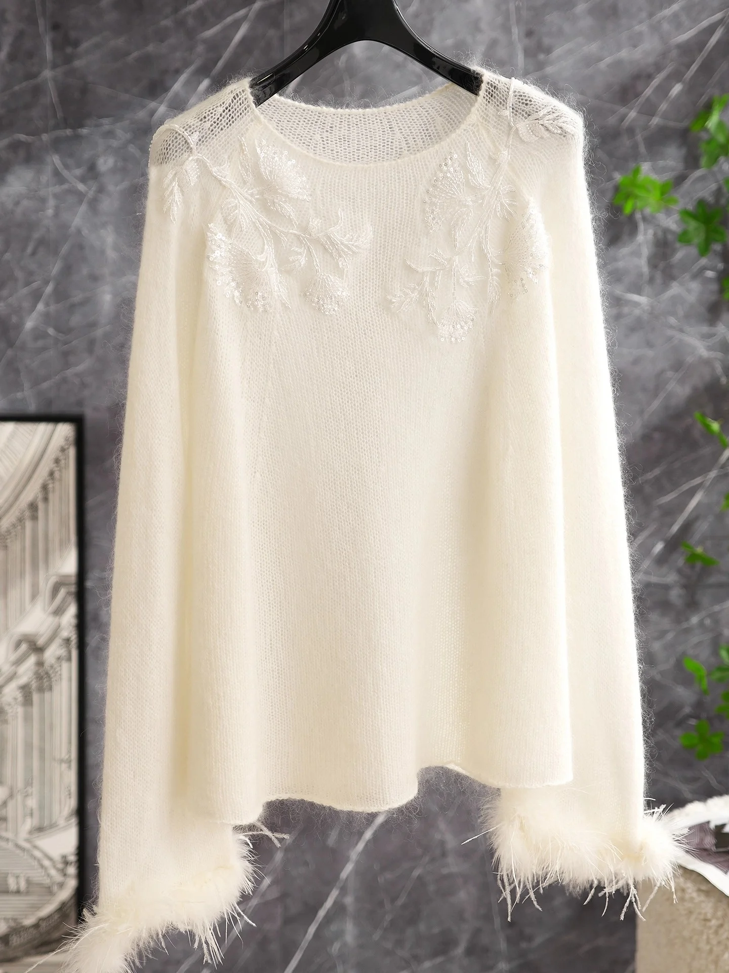 Ele White Knitted Sweater Embroidered Lace Camere Wool Feathers Soft Commute Sle Long Sve round Ne Warm Fce