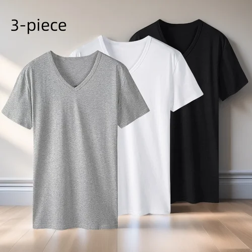 Imagen 1 del producto 2025 Camiseta de manga corta para hombre, camiseta holgada y transpirable de talla grande, top de verano fino de color sólido con cuello en V, ropa para el hogar base s
