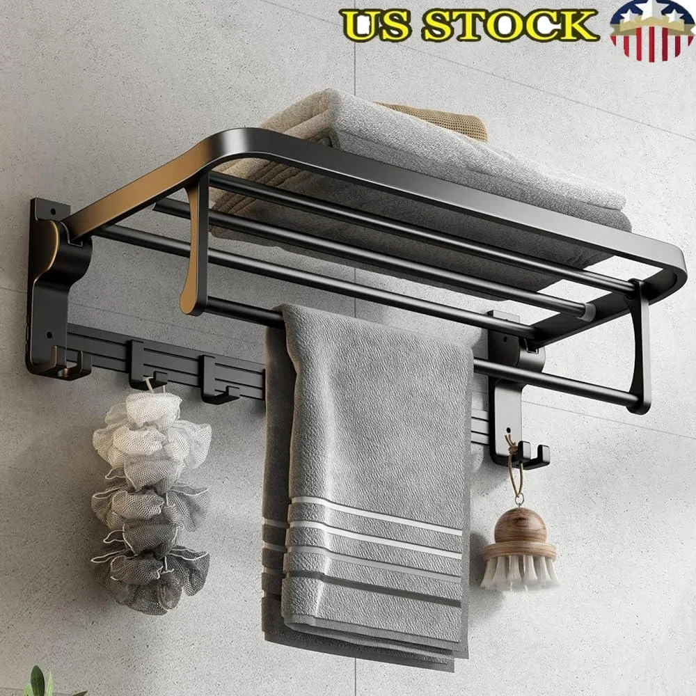 

Foldable Towel Rack with Bar Movable Hooks Rustproof Wall Mount Bathroom Space Saving Towel Shelf Durable Aluminum Storage