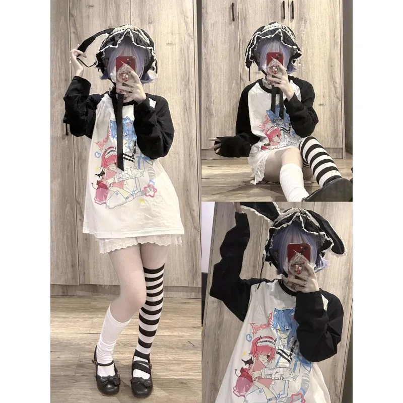 Long Sleeve Japanese Y2K Female Cute Subculture Shirt Loose 2024 Spring Anime Print Top Black White Patchwork Casual Shirts