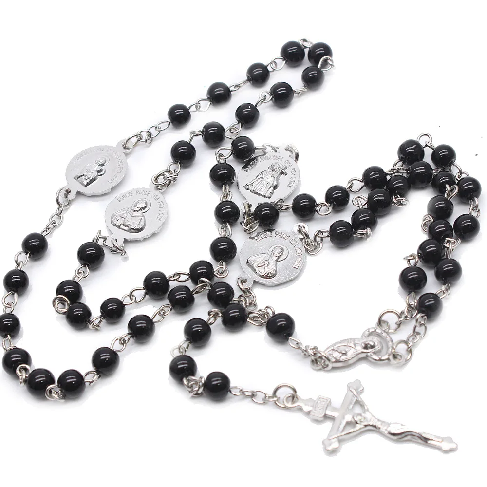 Catholic Black Crystal Cross Pendant Necklace Vintage Men and Women Jesus Religious Jewelry Rose Prayer Beads 8mm Gothic Alloy