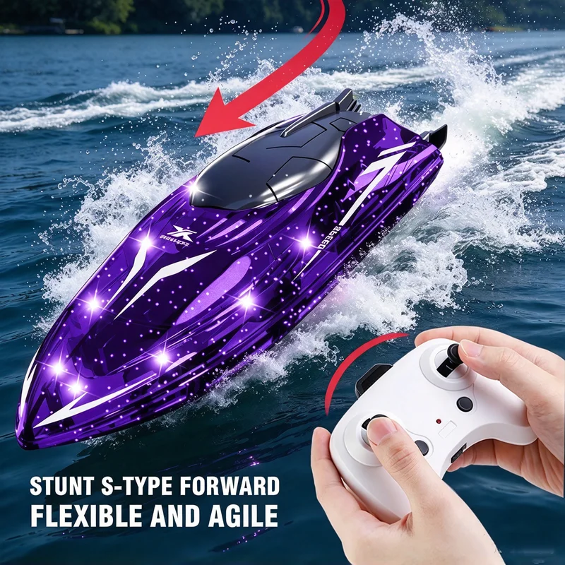 2. 4G RC Stunt Roll High Speed Boat With Lights Remote Control Water Toy Ship Model 2 Gearspeed Regulation Kids Toy Outdoor Game