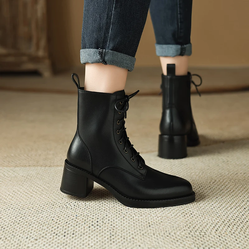 2023 New Autumn/Winter Genuine Leather Women Boots Pointed Toe Chunky Heels Boots for Women Short Boots Suqare Heel Ankle Boots