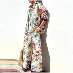 Women's Floral Print Shirt and Trousers Set, Lapel, Single Breasted Shirts, Wide Leg Pants, Casual Fashion, Lady, Summer, 2 Piec