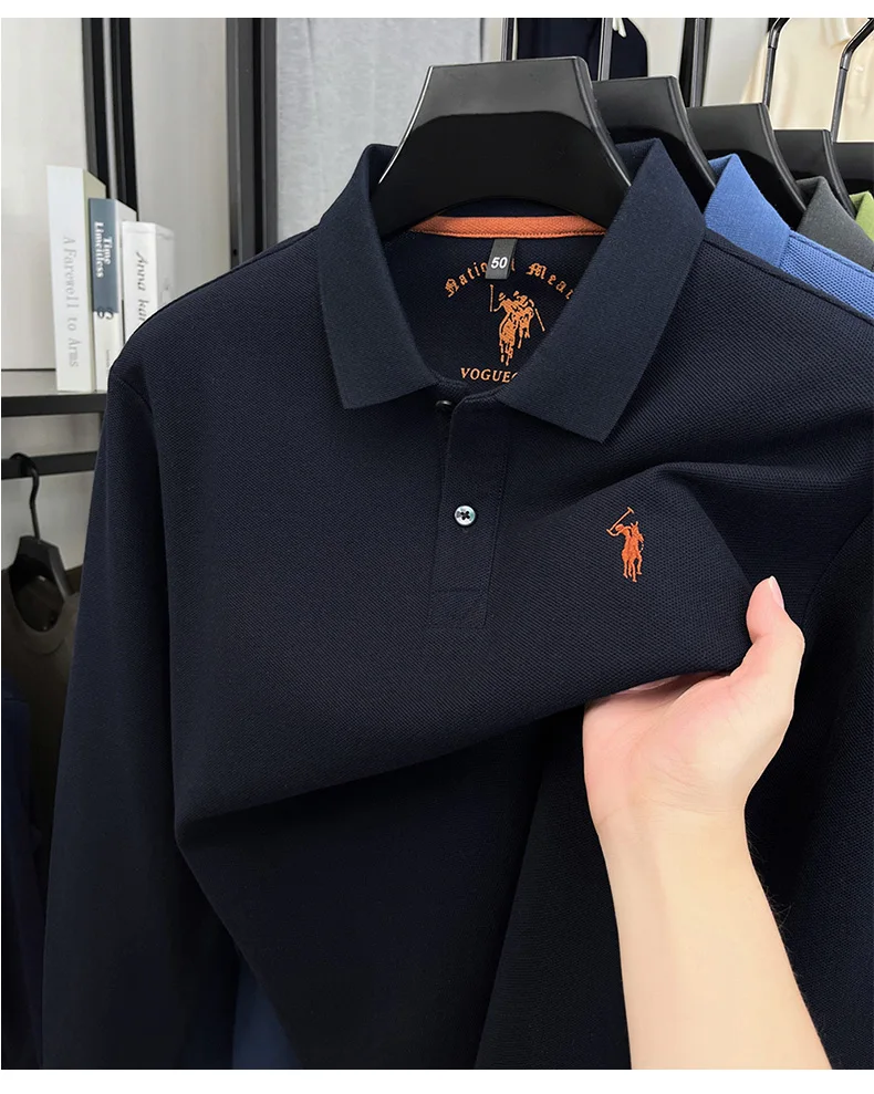 

100% Pure Cotton Long Sleeved T-shirt for Men in Autumn 2025 New Style with Loose and Casual Collar High-end Polo Shirt