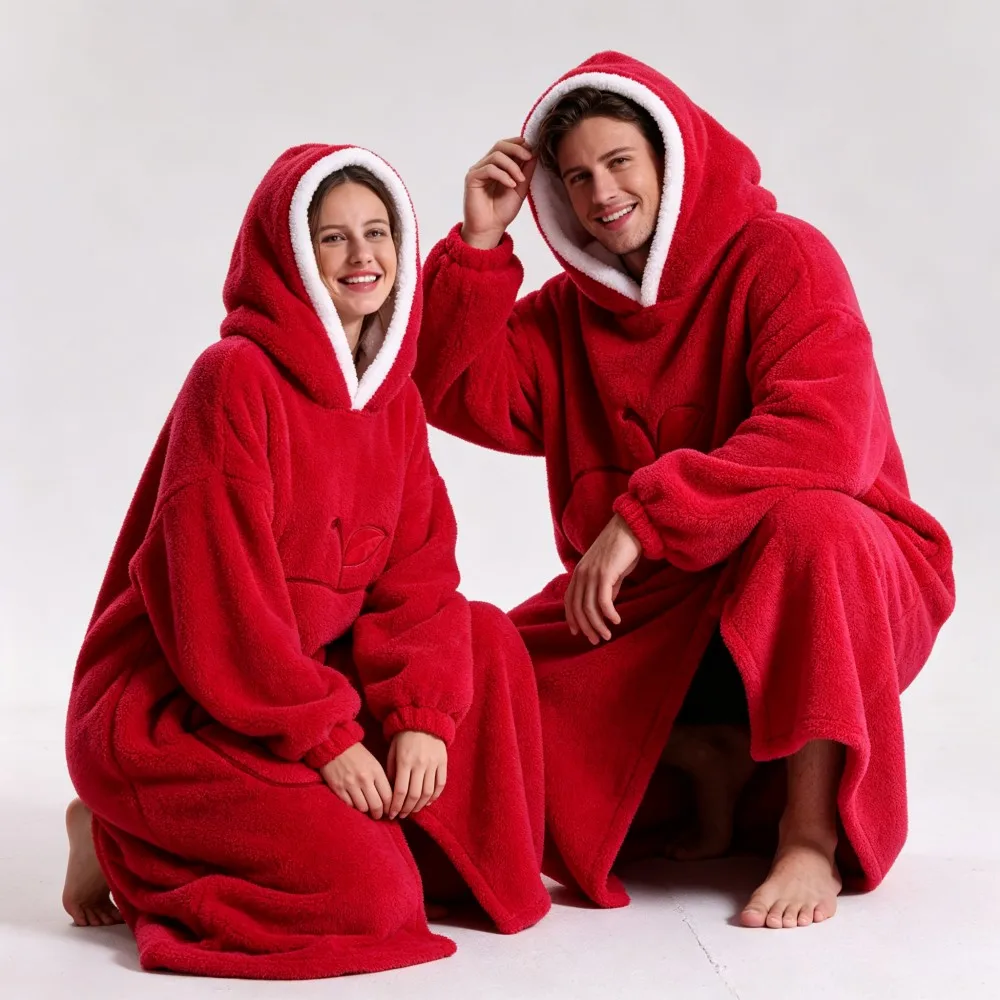 Women's Red Flannel Thick Warm Hoodie Christmas Sweatshirts for Ladies Wearable TV Blankets Adulys Winter Soft Cozy Pullovers