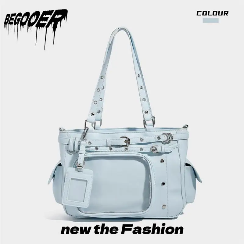 

Women Trendy Gradient Ita Bag Multi-pocket Blue Shoulder Bag Transparent Pocket Display Square Handbag Casual Simple Outing Bag
