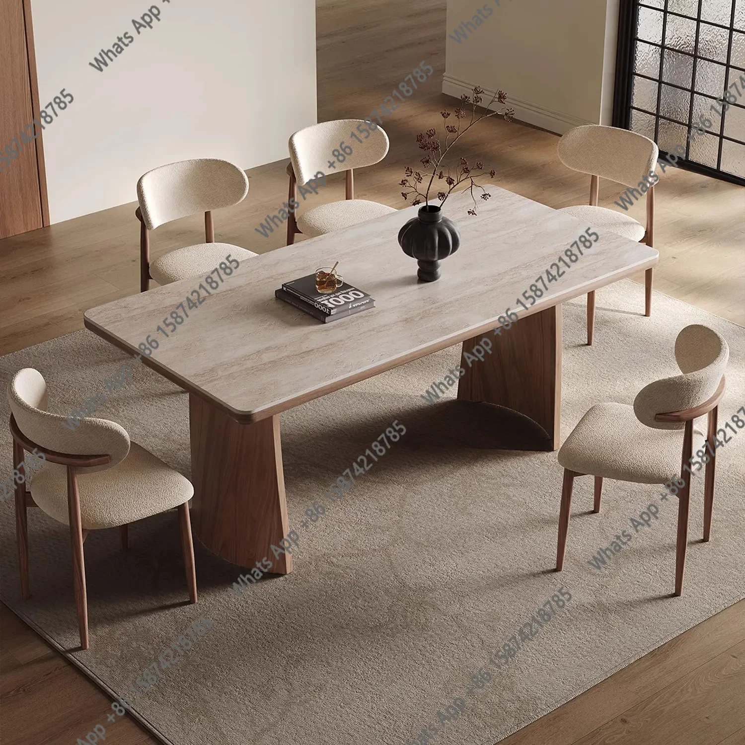 X Medieval Solid Wood Travertine Rock Slab Dining Table And Chair Combination Household 2025 New Nordic Walnut Rectangular Dinin