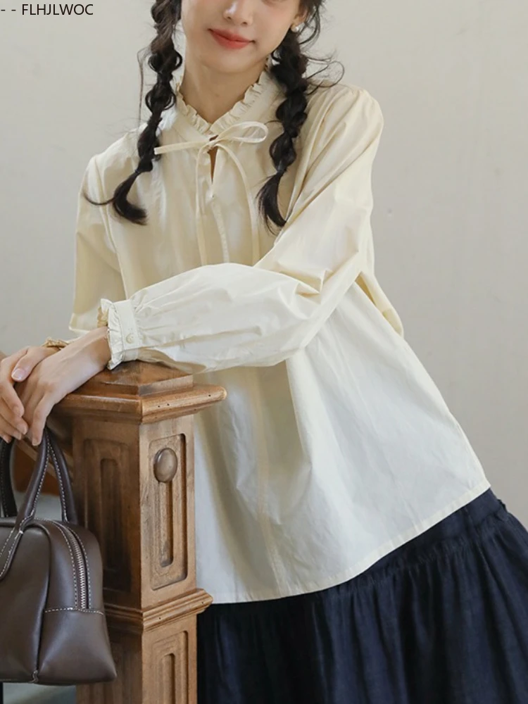 Misturas de algodão bonito babados gola laço topos blusas 2025 outono feminino chique coreia japão meninas estilo preppy camisas básicas