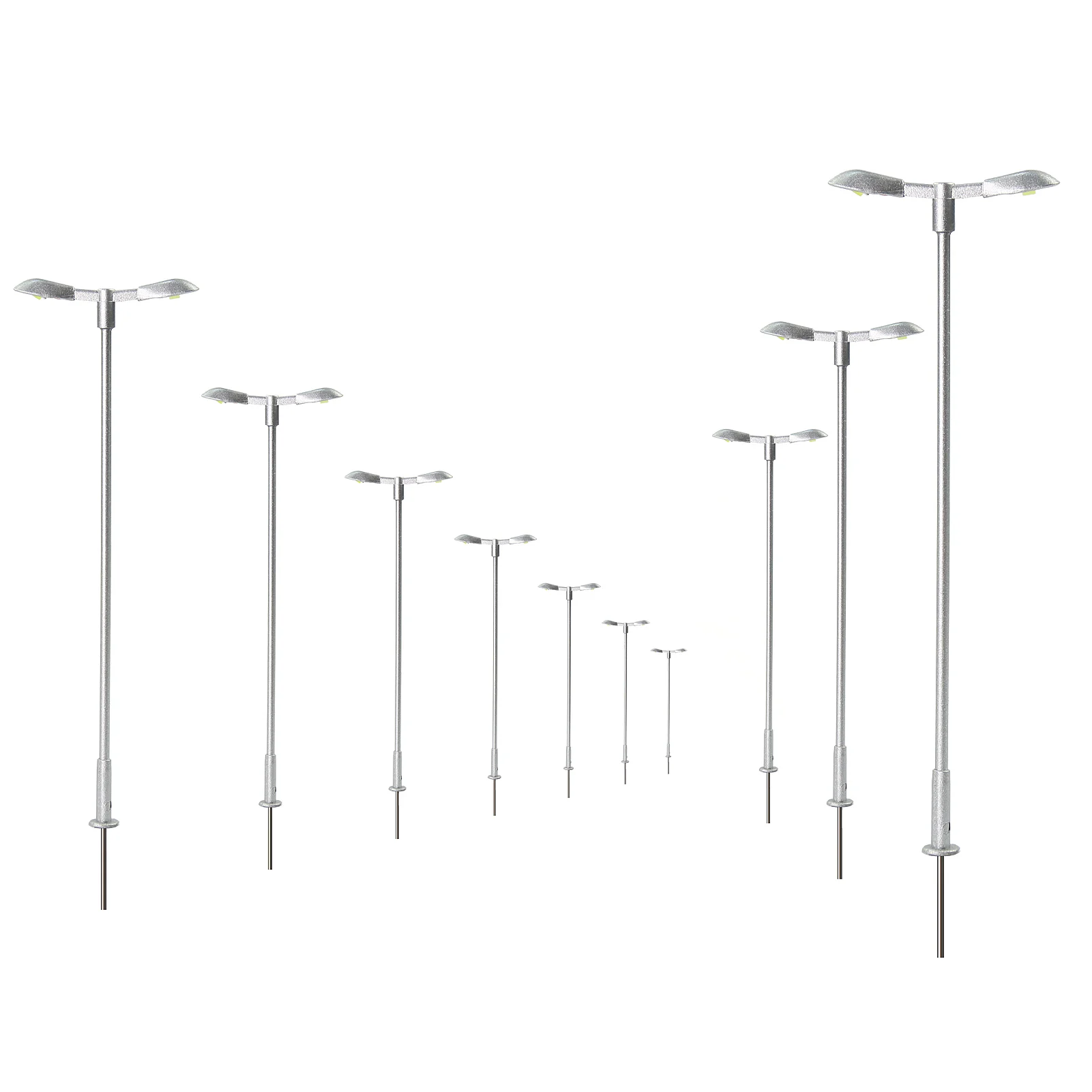 

Evemodel 10pcs HO Scale 1:87 Street Lights Warm White LED Two-heads Metal Silver Lamps with Resistors for 12V LD13HOWMSi