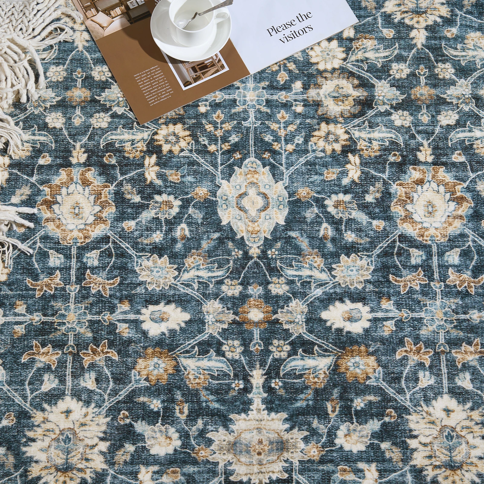 Vintage Persian Floral Area Rug Blue Oriental Traditional Carpet for Living Room Bedroom Dining Room Foyer Entry Couch Mat