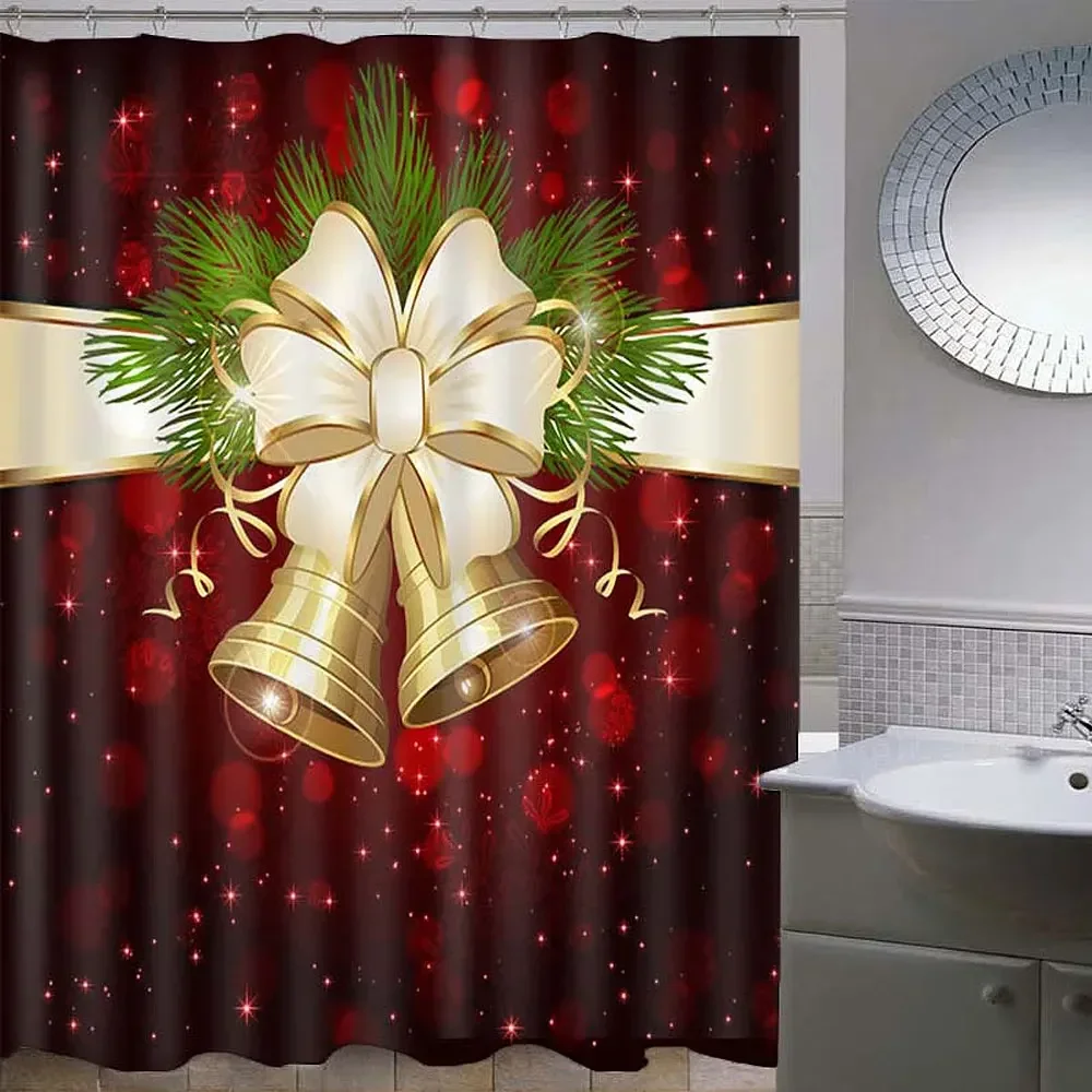 Christmas Fireplace Shower Curtain Hook Winter Indoor Christmas Tree Red Boots Xmas Tree Gift Home Bathroom Decor Fabric Curtain