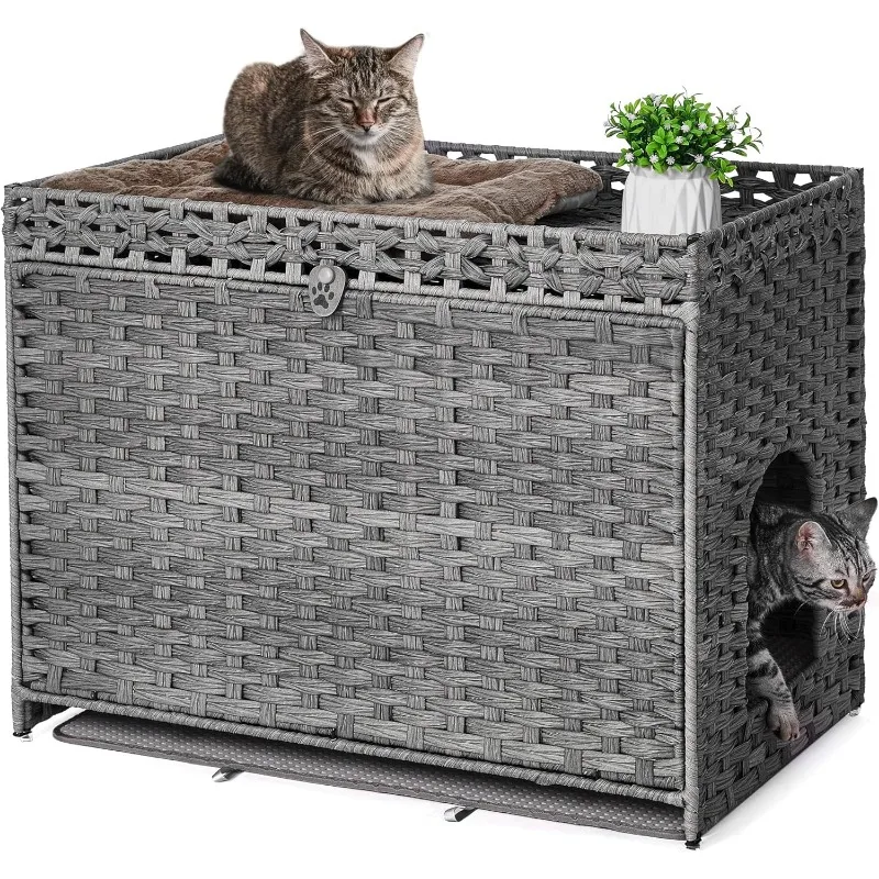 Cat Litter Box Enclosure with Soft Litter Mat; Hidden Washroom Furniture with Door; Handwoven Rattan Cat House with Large Space