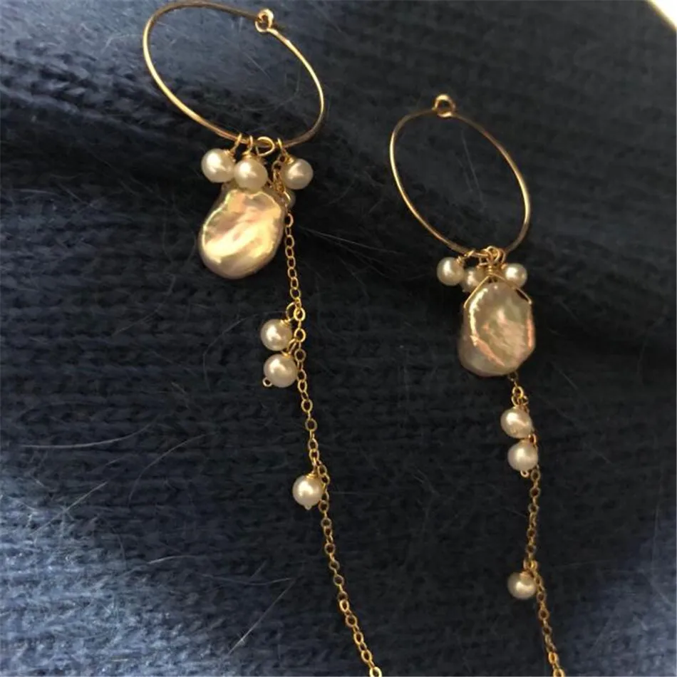 

Natural White baroque Pearl Earrings Dangle 18K Chain lady gift Dangling Wedding Gold Women Stud Bridal