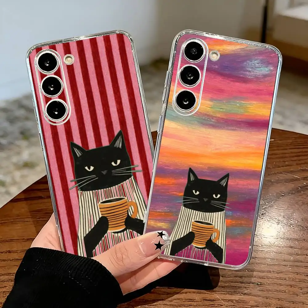 S-Striped Coffee Cat Phone Case For Samsung Galaxy A71,A70,A52,A51,A40,A30 Transparent Cover