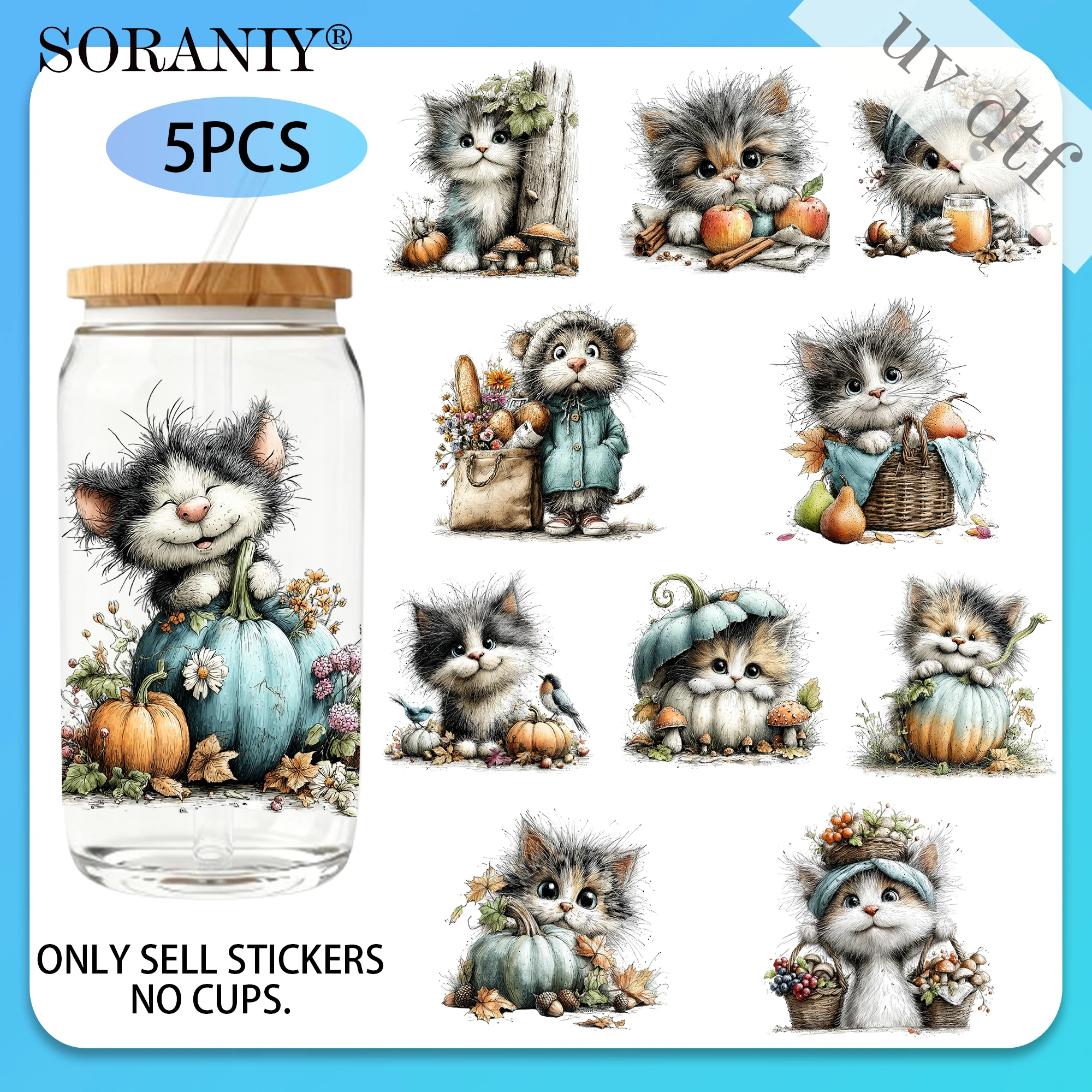 UV DTF 16OZ DIY Transferaufkleber - 5 Stück/Set Herbstliche Camping-Lebenssituation mit Katzenmotiv