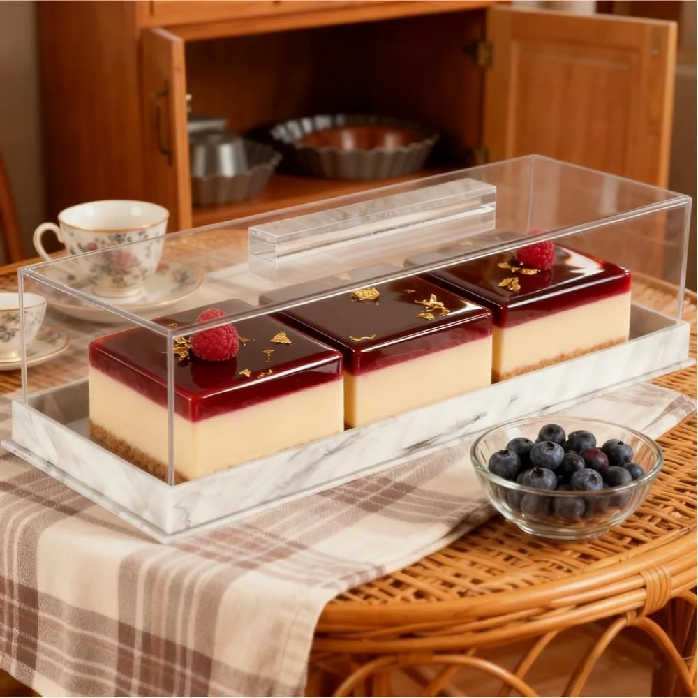 Marbled Pattern Rectangular Acrylic Bread Box Non-slip Bottom with Clear Lid Dessert Display Rack Dust-proof Cake Display Tray
