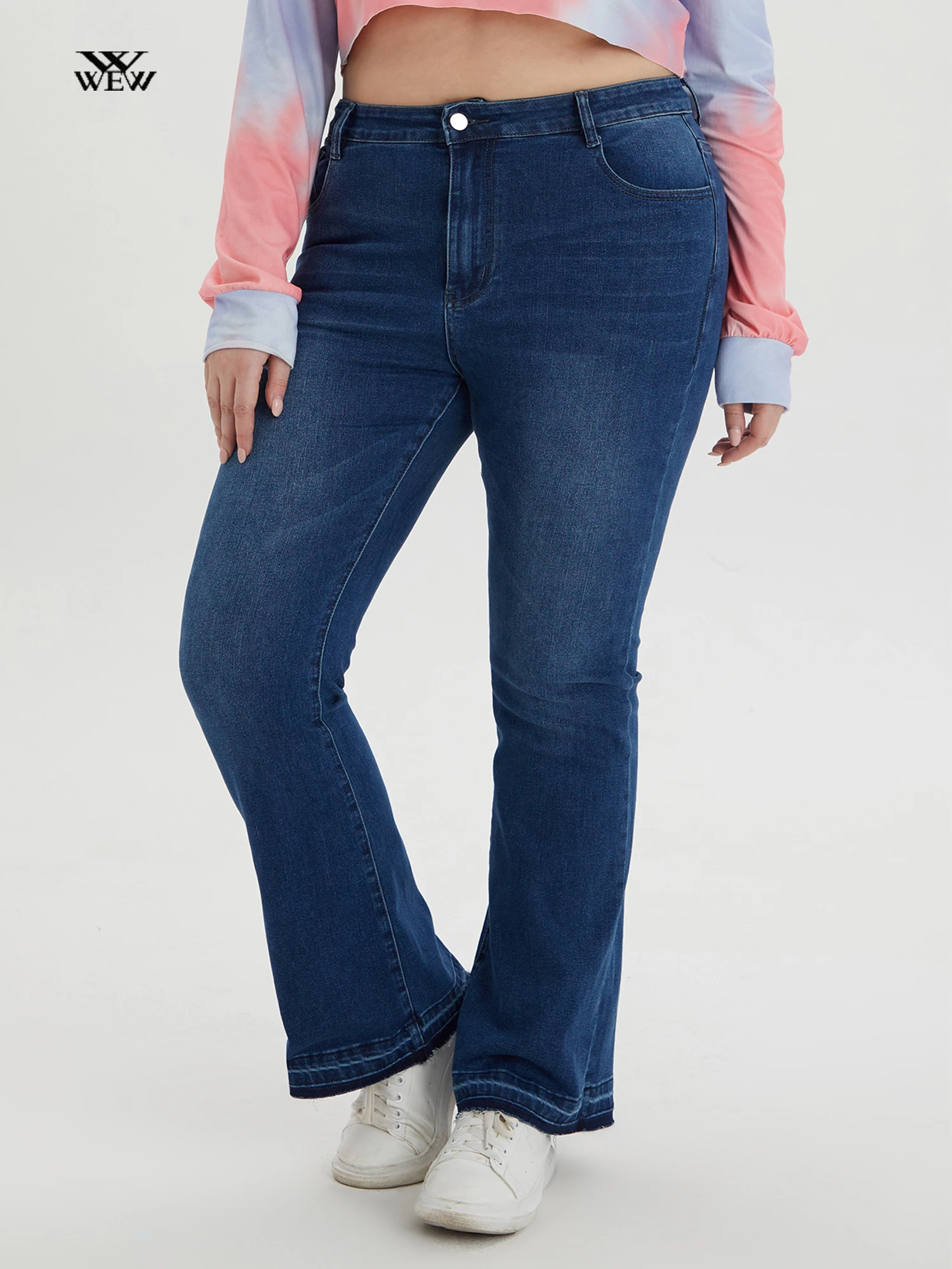 Plus Size Flared Women Jeans Full Length Denim Jeans High Waist Stretchy 175 Cms Tall Ladies Denim Pants for Mom Curvy Fitting