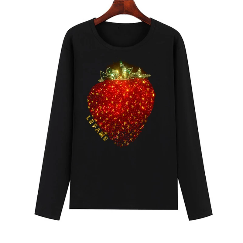 

High-quality diamond strawberry hot diamond T-shirt ladies spring and autumn long-sleeved bottoming leisure T-shirt