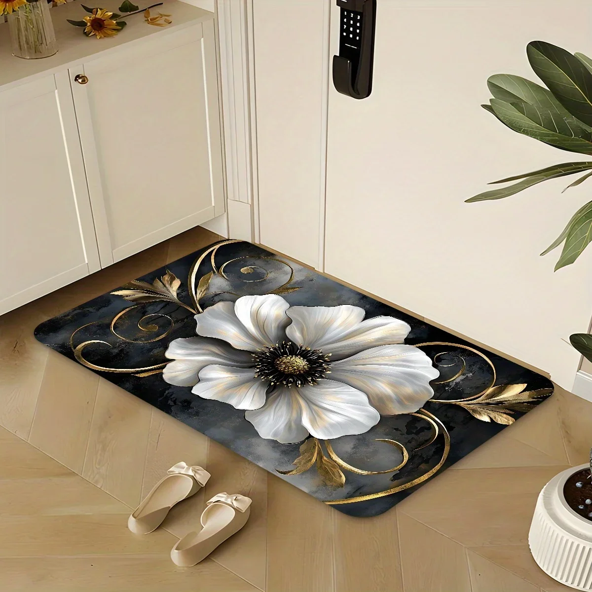 1pc Luxury Black‑Gold Floral Area Rug, Highly Absorbent Quick‑Dry Decor Mat for Entryway, Bathroom, Kitchen, Living Room, Cafe