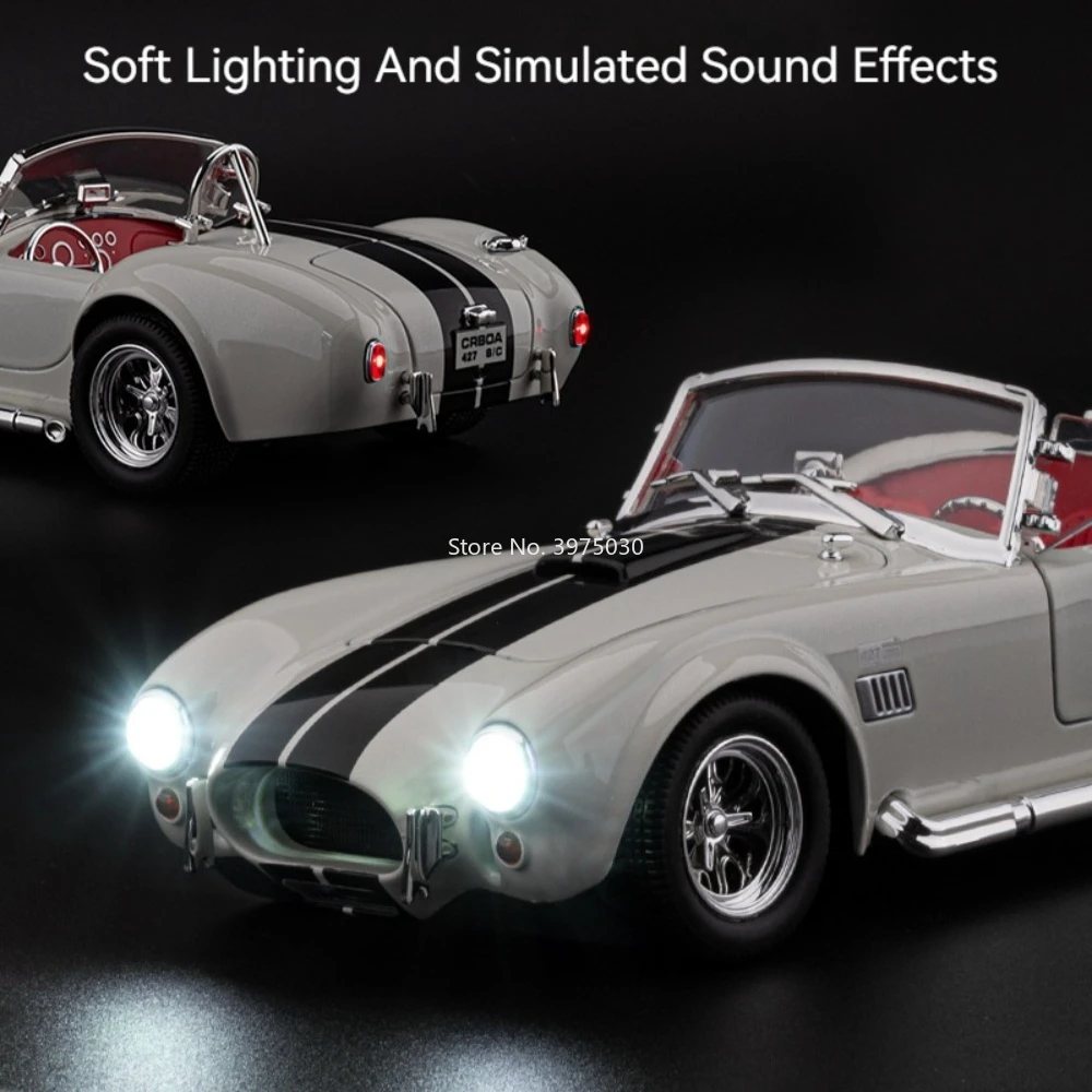 1:24 Shelby Cobra 427 Alloy Cars Models Diecast Toys with Pull Back Light Sound Miniature Vintage Car for Children Best Gifts