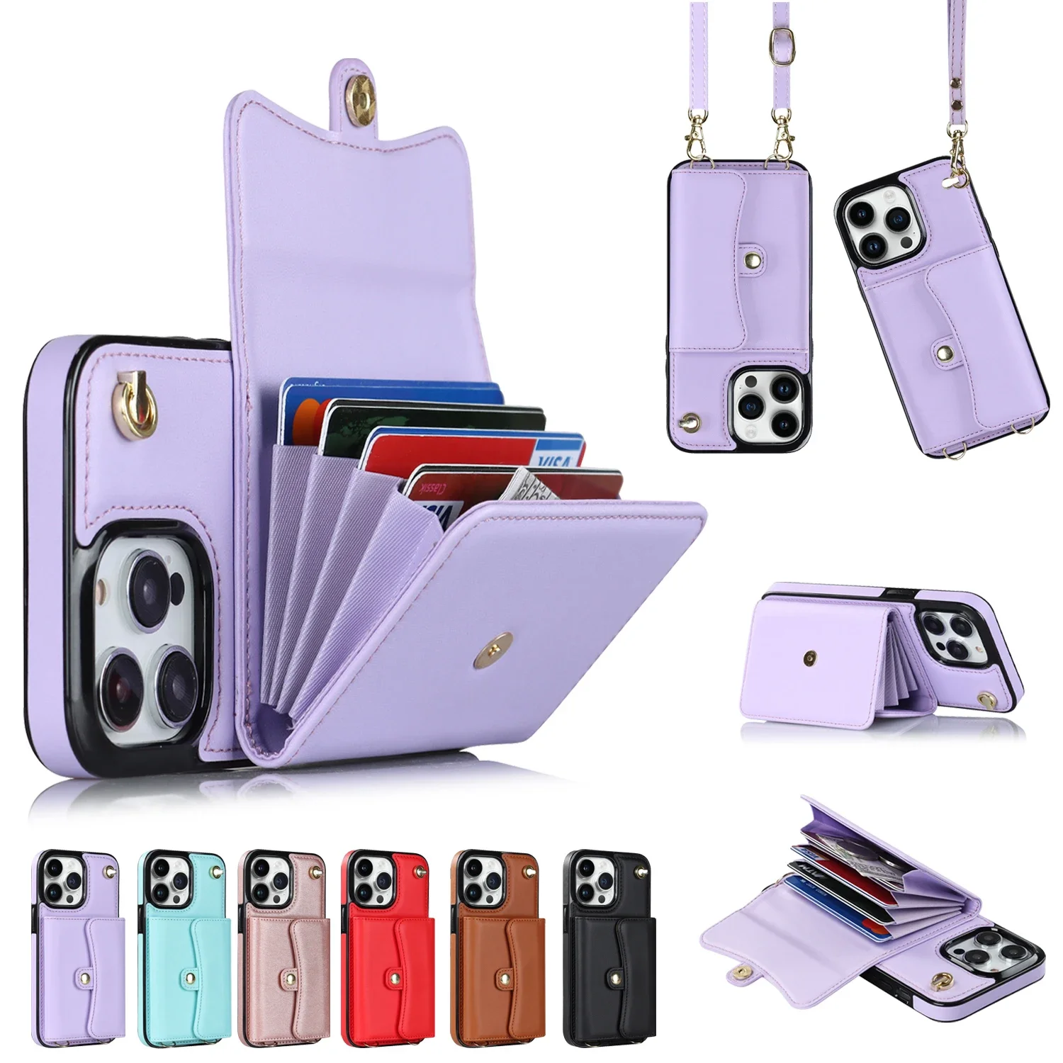 Lanyard Crossbody Wallet Phone Case For iPhone 15 14 13 12 11 Pro XS Max XR X Plus Case with Card Slot Holder Leather Purse