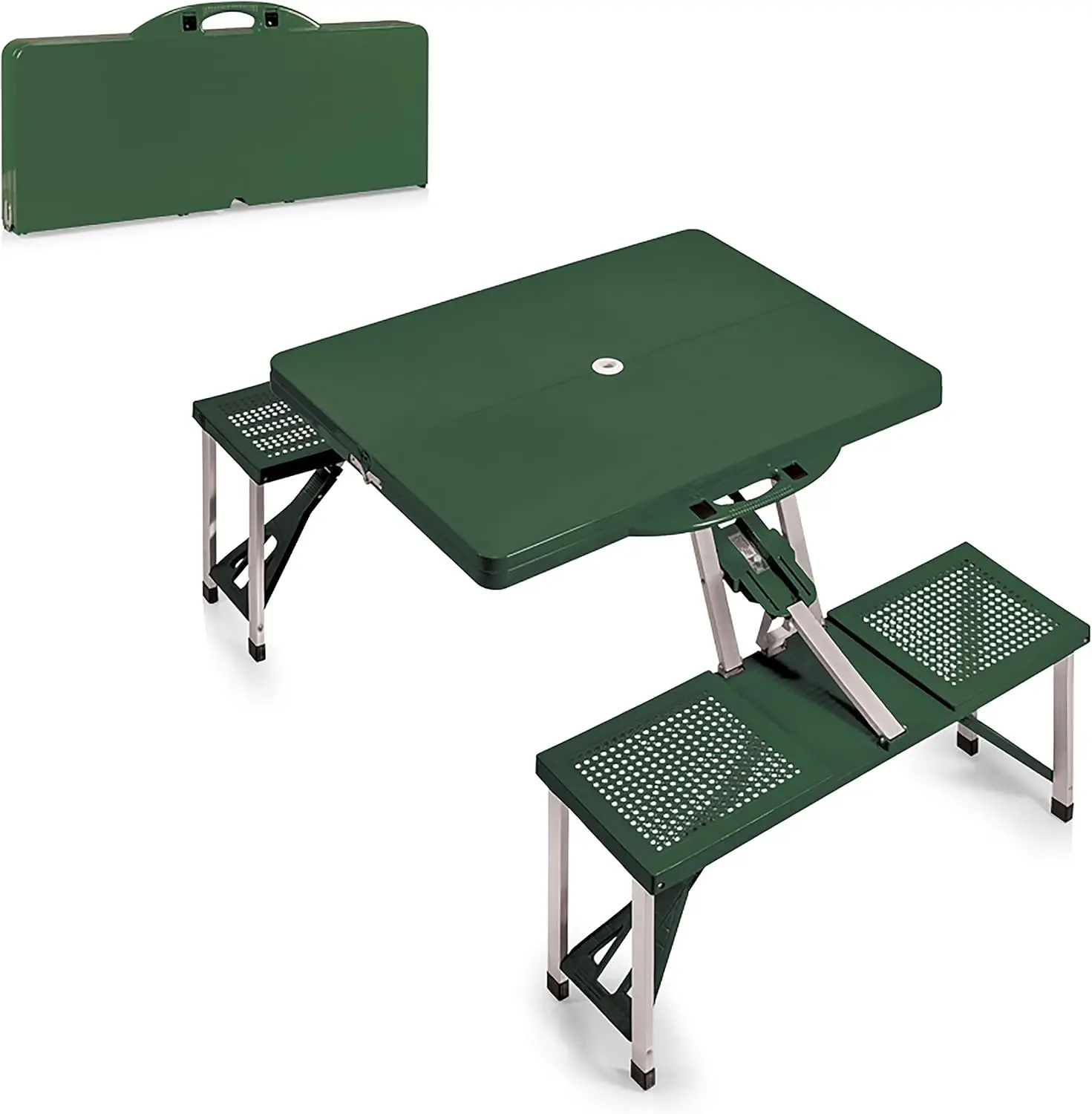 Portable Folding Picnic Table With Seats Collapsible Aluminum Table Countertop Display Organizer Holder Storage Rack Frame Bench Umbrella Hole Lightweight Foldable Dining Station For Camping Travel Backyard