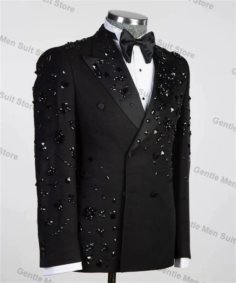 Luxury Crystals Men Suits Set 2 Piece Blazer+Pant Black Prom Groom Wedding Tuxedo Coat Tailored Made Formal Office Jacket