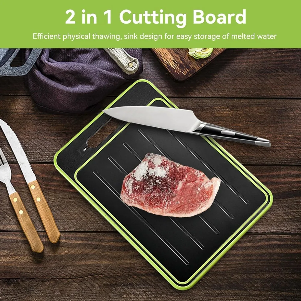 2-in-1 Defrosting Tray & Cutting Board with Knife Sharpener, Thaws Frozen Meat Fast, Dual-Sided Design