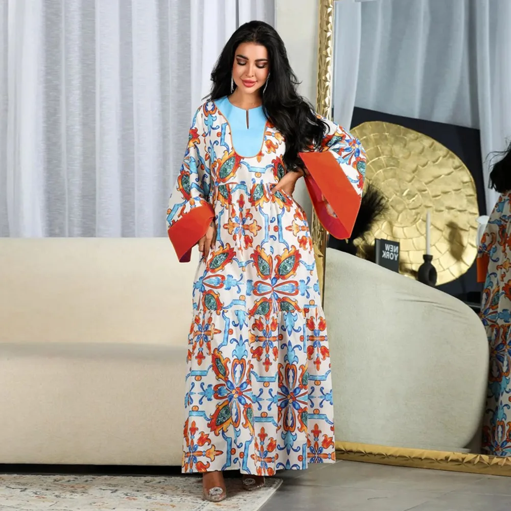 

Orange Flowers Print Abaya Women Eid Muslim Dress Loose Jalabiya Fashion Colorful Gown Flare Sleeves Kaftan Vestidos Long Robe