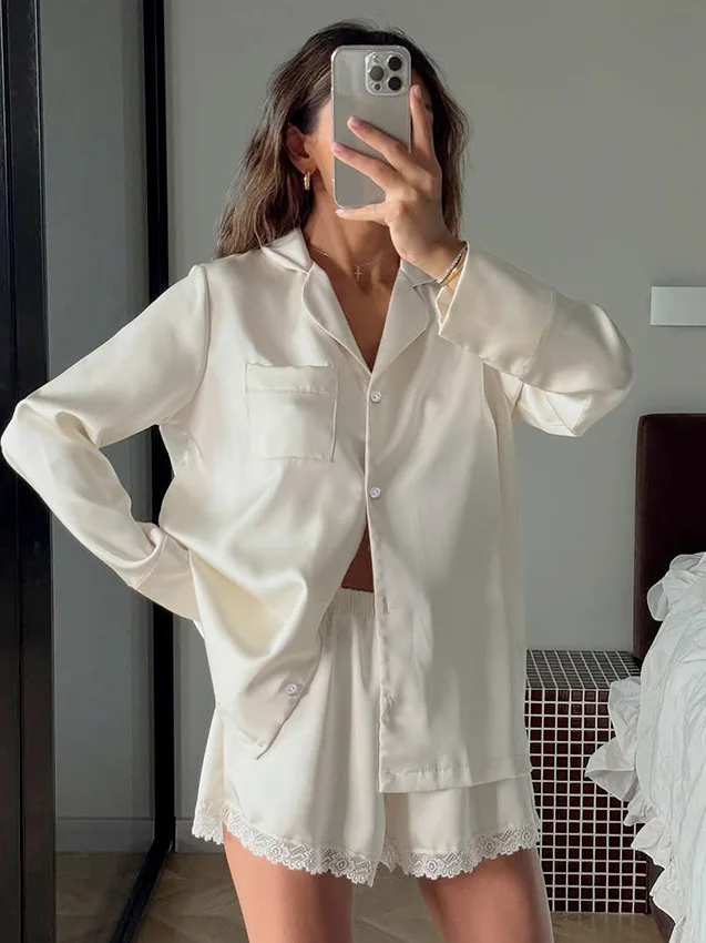 Satiny Lace Long Sleeve Sleepwear Shorts Home Clothes Two-Piece Set Wearable Outdoors Women's Comfortable Loose Polyester Fiber