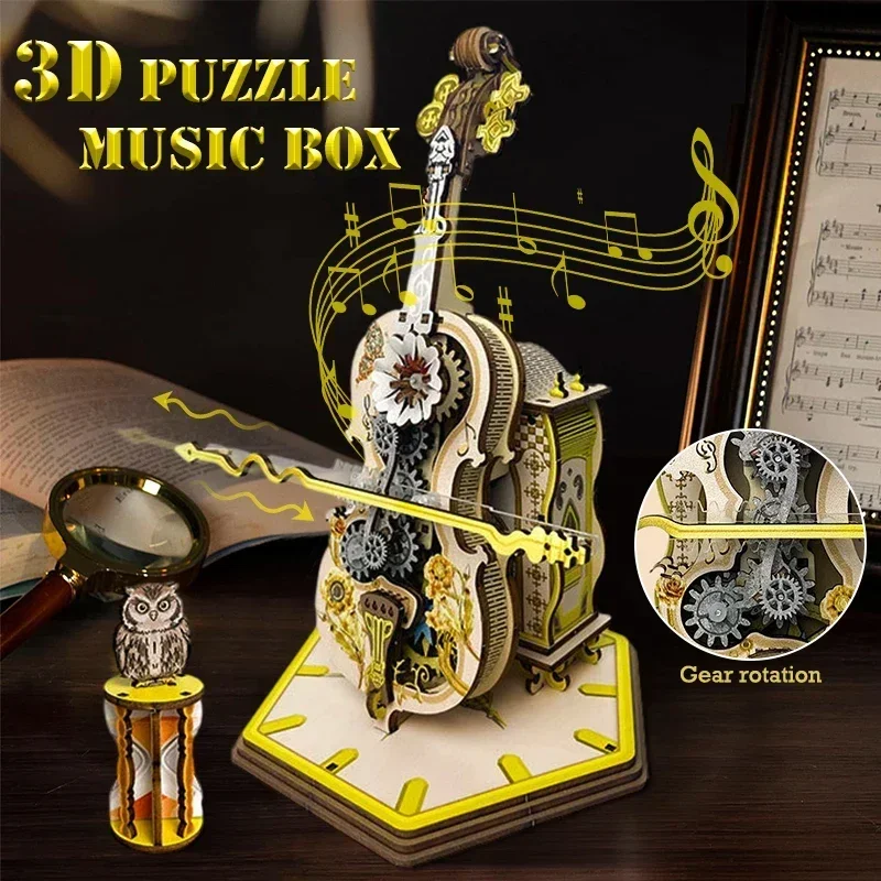 Caja de música mágica para violonchelo, rompecabezas de madera 3D, Kit de caja de música mecánica con Base, Juguetes DIY hechos a mano, regalo de cumpleaños para niños, hombres y mujeres